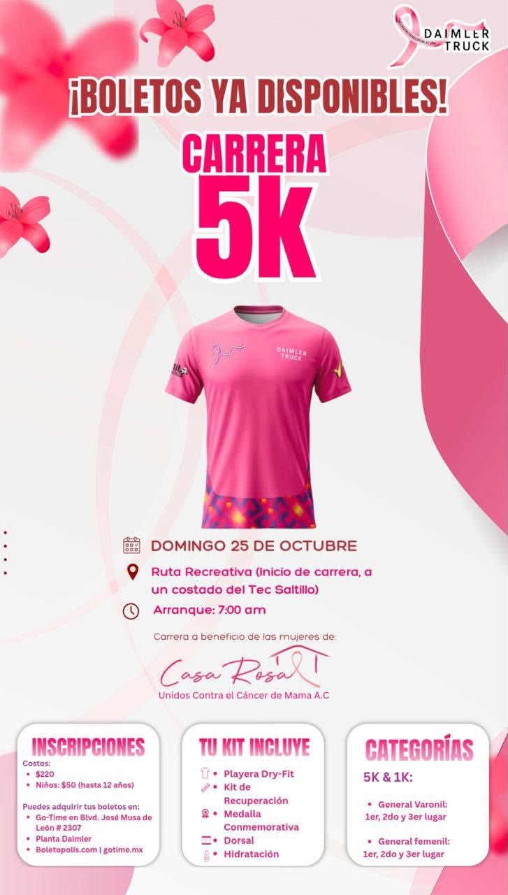 Carrera 5K Daimler Truck en Saltillo: 25 de octubre, a beneficio de Casa Rosa 1 Daimler Truck